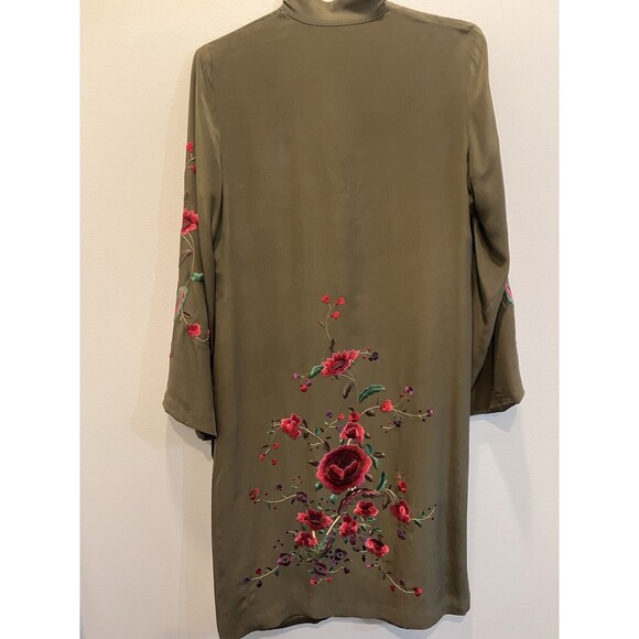 Sue Wong 100% Silk Olive Green Embroidered Flowers Kimono Duster Tunic Lined - Picture 6 of 13